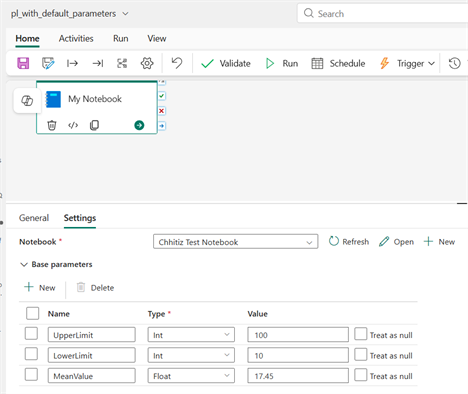 Fabric pipeline with default notebook parameters