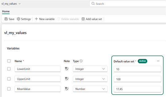 Variables in the default value set