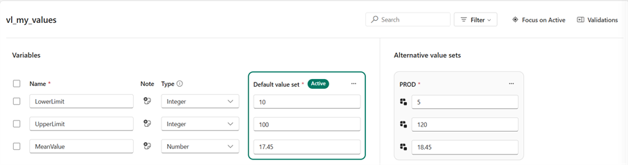 Default and production value sets